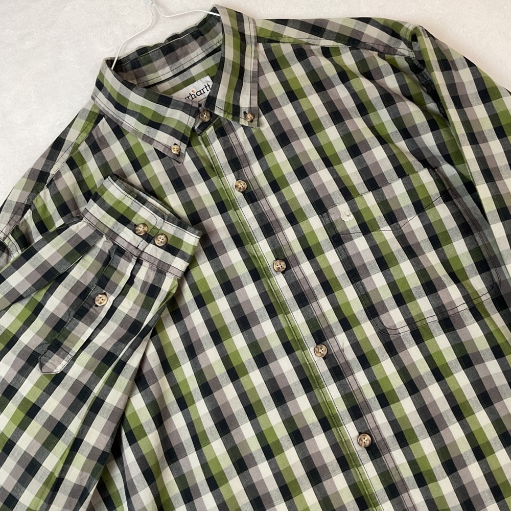 Carhartt Mens XL Green Plaid Cotton Long Sleeve Button Down Work Shirt RN14806